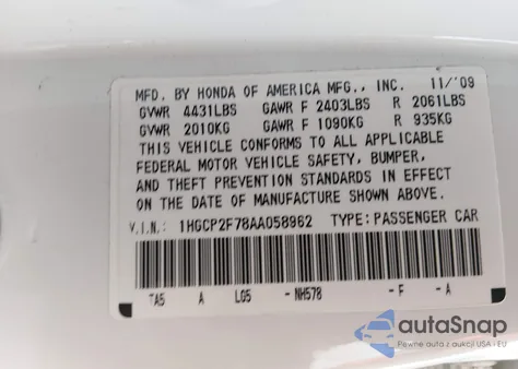 2010 Honda Accord 2.4 Ex from USA, damaged, VIN 1HGCP2F78AA058962